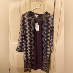 Chicos Long Open Front Purple Gold Sequence Coat- chicos size 1, reg size 8-10.